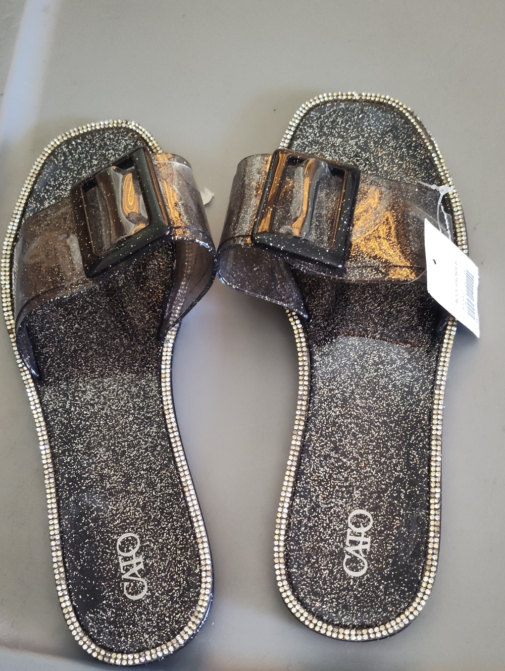 Cato Black Glitter Slide Sandals with Rhinestone Trim